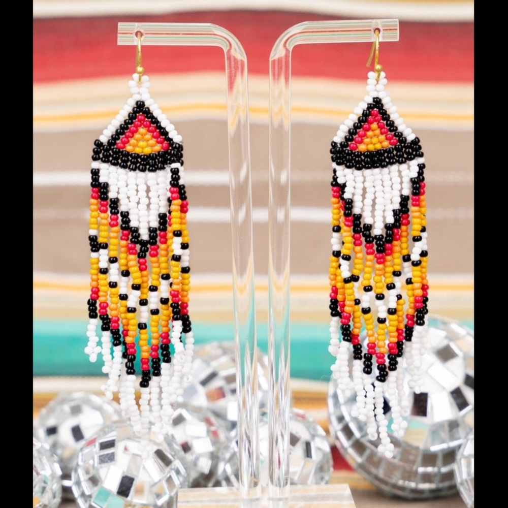 Free Spirit Native people insp seed bead fringe Triangle Dangle earrings
